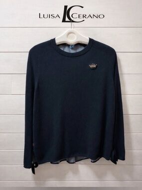 LUISA CERANO – Navy Wool-Silk-Cashmere Sweater with Embroidered Back (US 10)